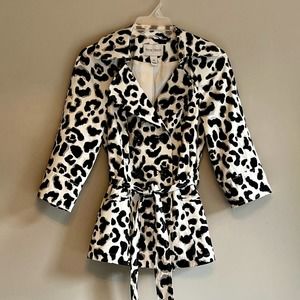 White House Black Market Leopard Print Cotton Pea Coat Size XS Tie Belt